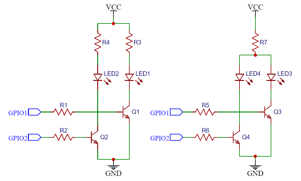 Using GPIO to control multiple leds via transistors Electrical