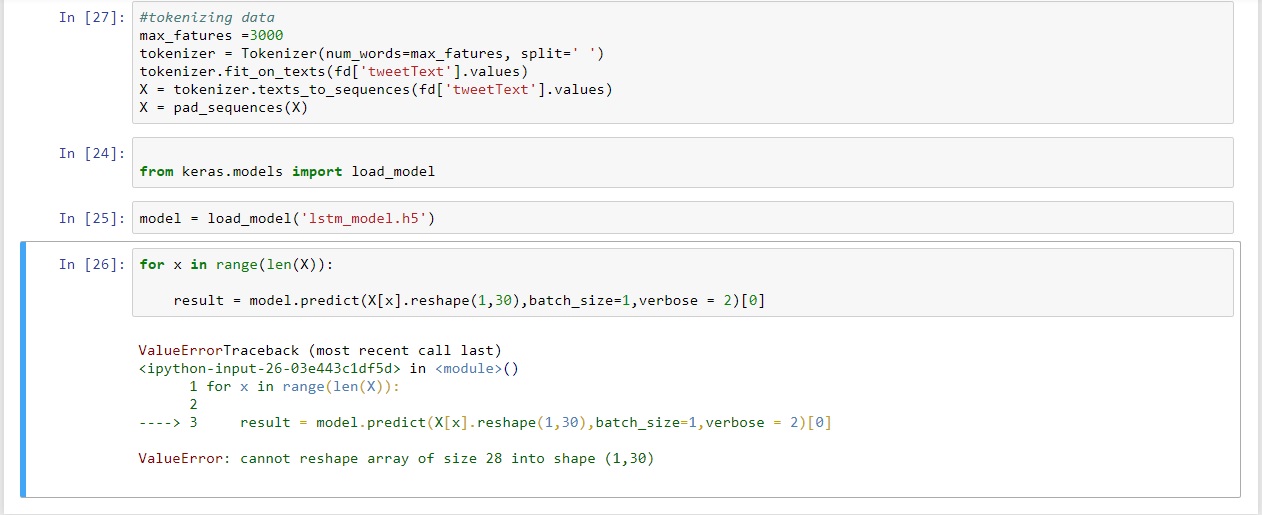keras Error in reshaping input tokenized text predicting the