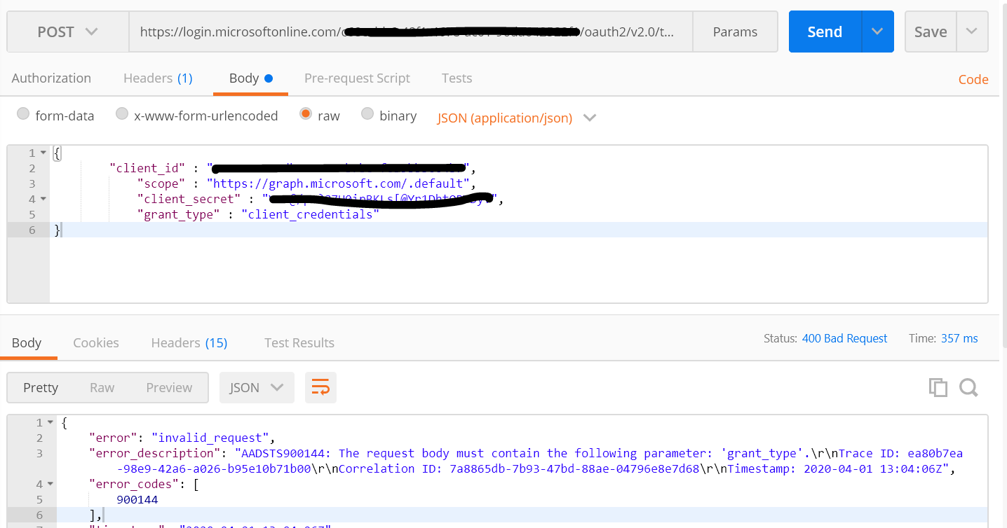 c Calling an Microsoft Graph API for token gives error "AADSTS900144 The request body must