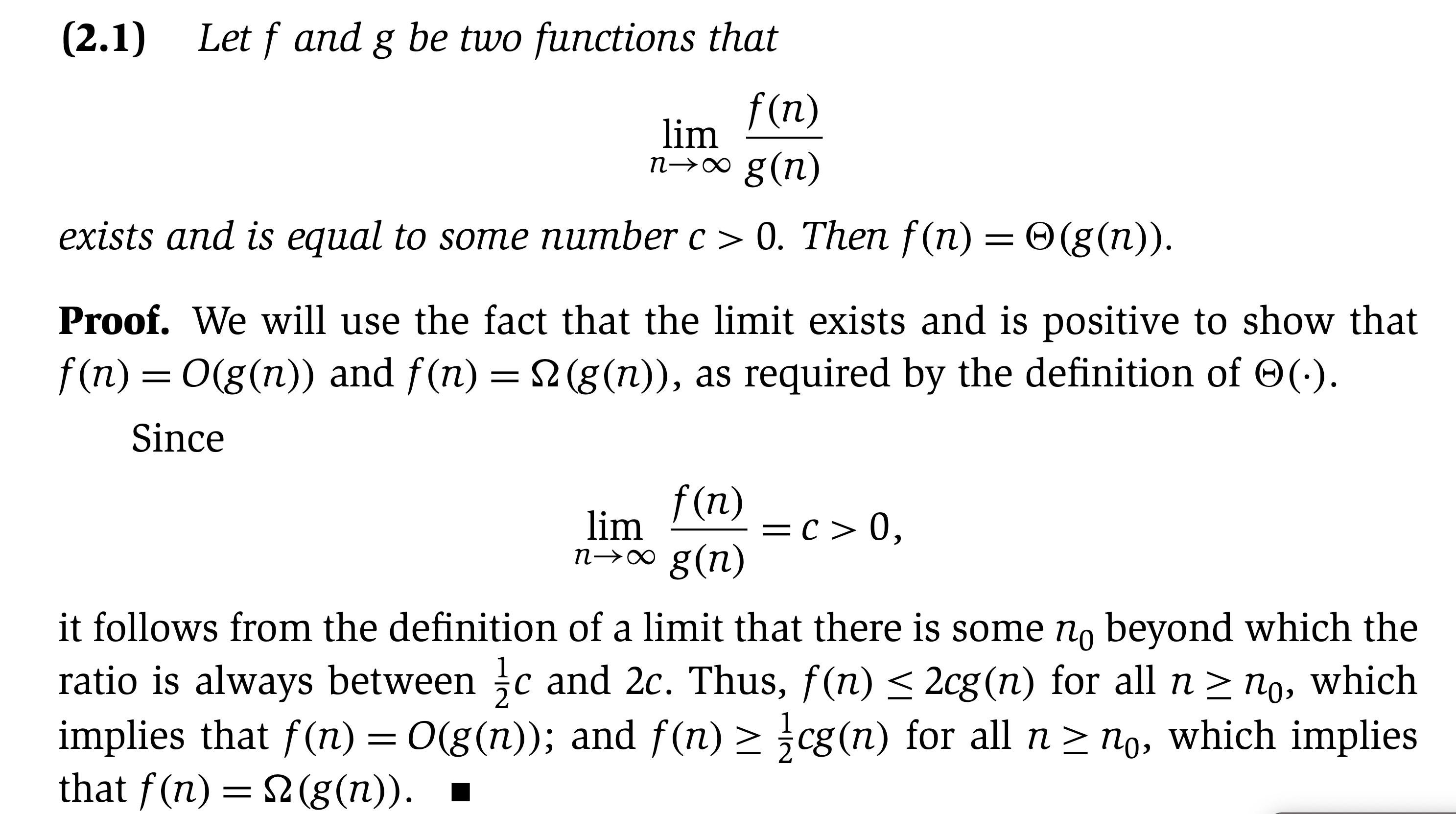 algorithm Why does the limit of the ratio of two functions indicate a