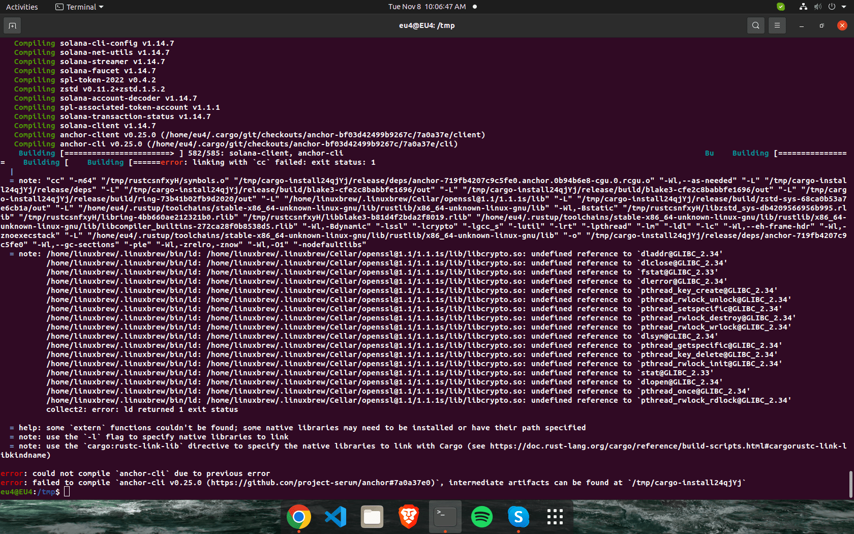 Solana Anchor Framework Installation Error linking with 'cc' Failed