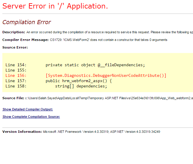 c Error 'Page does not contain a constructor that takes 0 arguments