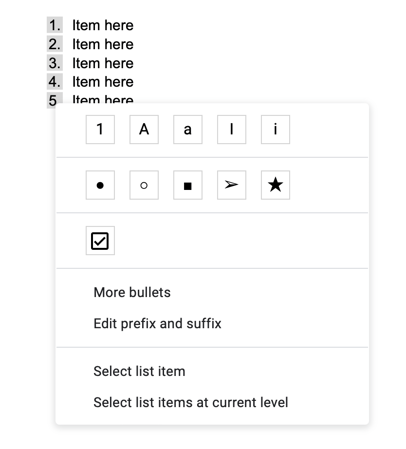 How to convert a numbered list to circled digits in Google Docs 
