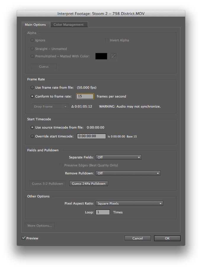 ¿Cómo obligar a After Effects a interpretar imágenes a una velocidad de