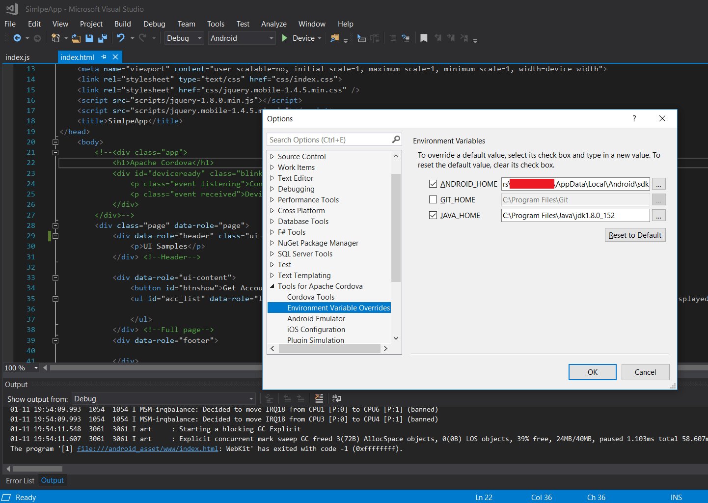 android Visual Studio not showing the device option for Cordova