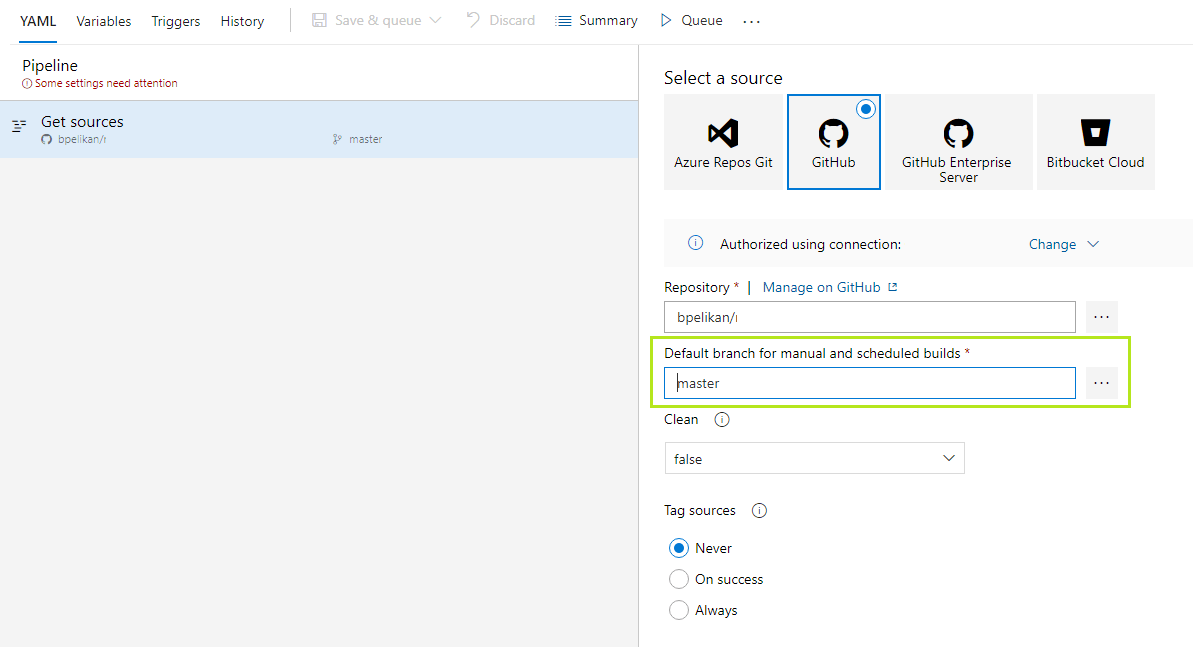 How to change the default branch for a Azure Devops YAML Pipeline