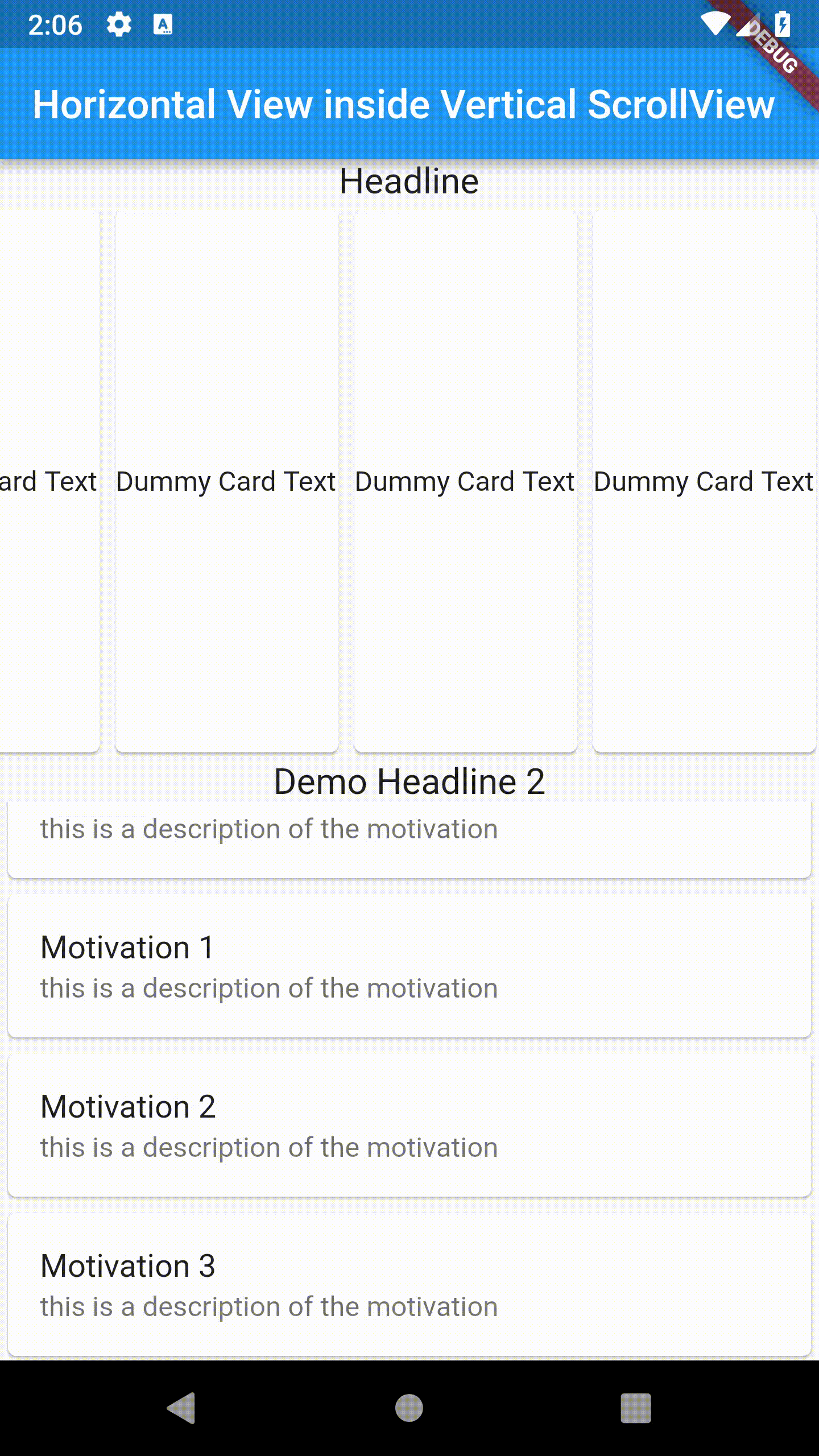 Horizontal ListView inside a Vertical ScrollView in Flutter Row Coding