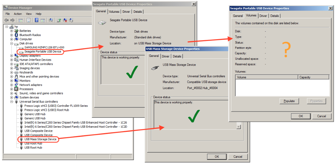 windows 7 USB HD shows in 'Device Manager' but not 'Disk Management