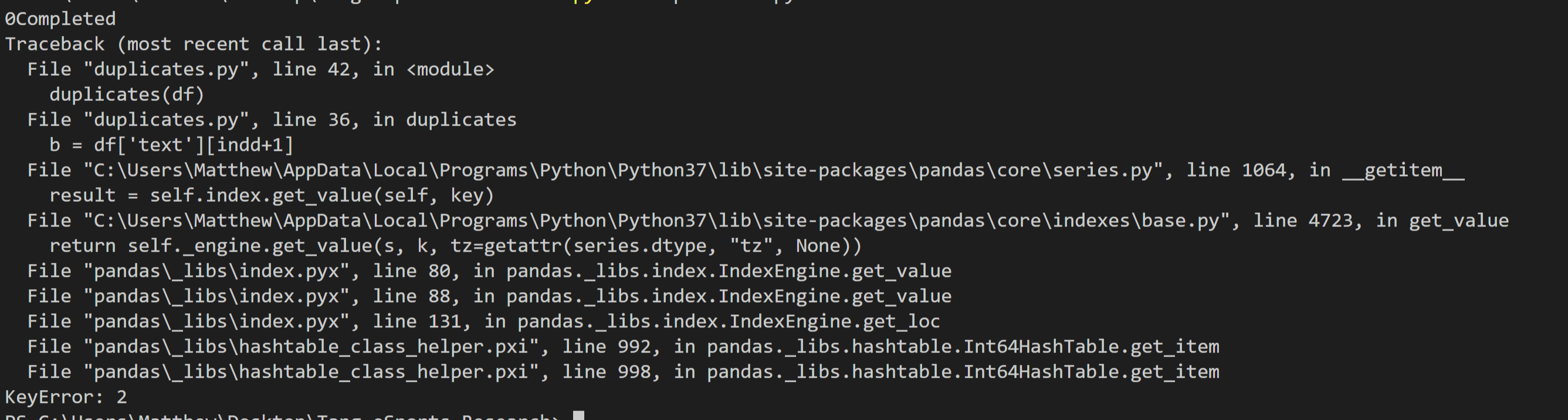 python Pandas KeyError Dropping rows by index in a nested loop