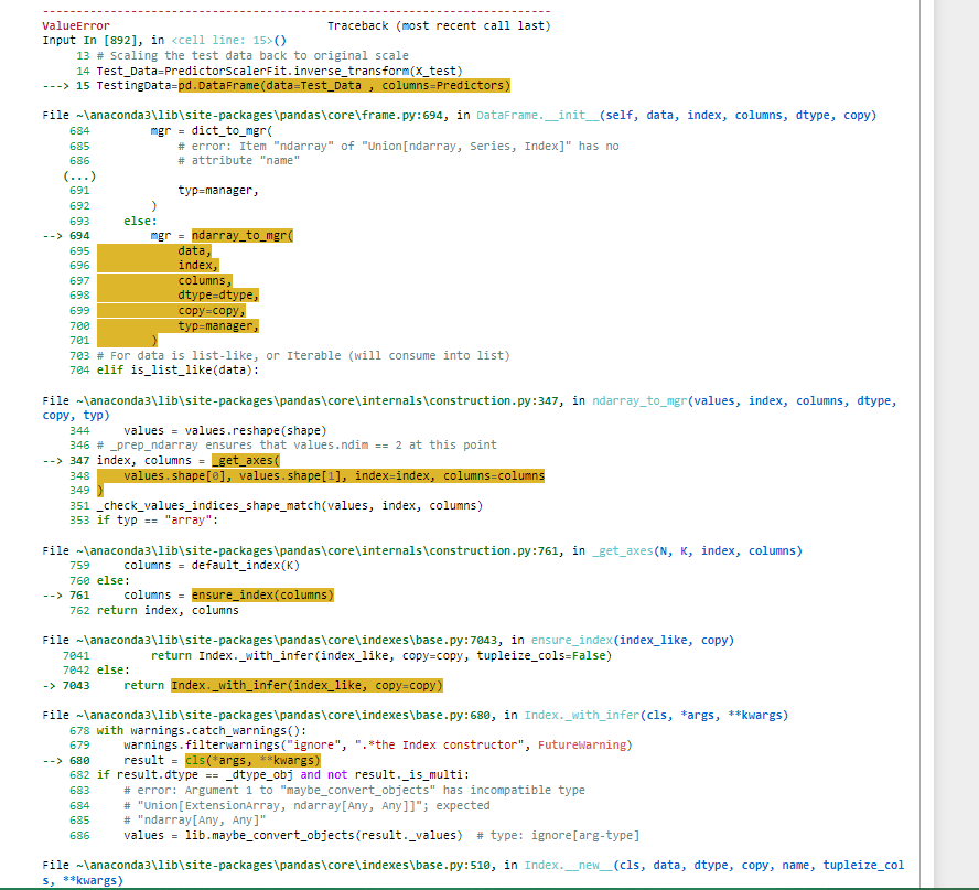 python ValueError Index data must be 1dimensional Ann model Stack