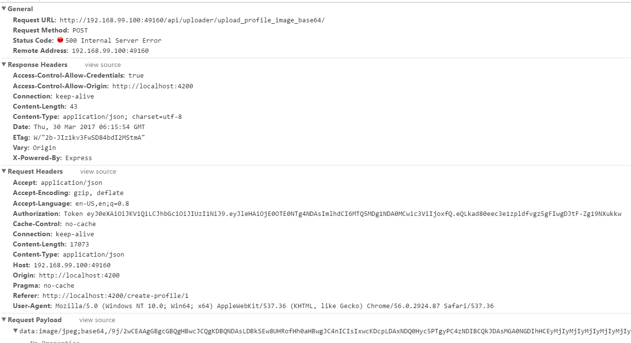 node.js invalid json error while upload base64 encoded image from