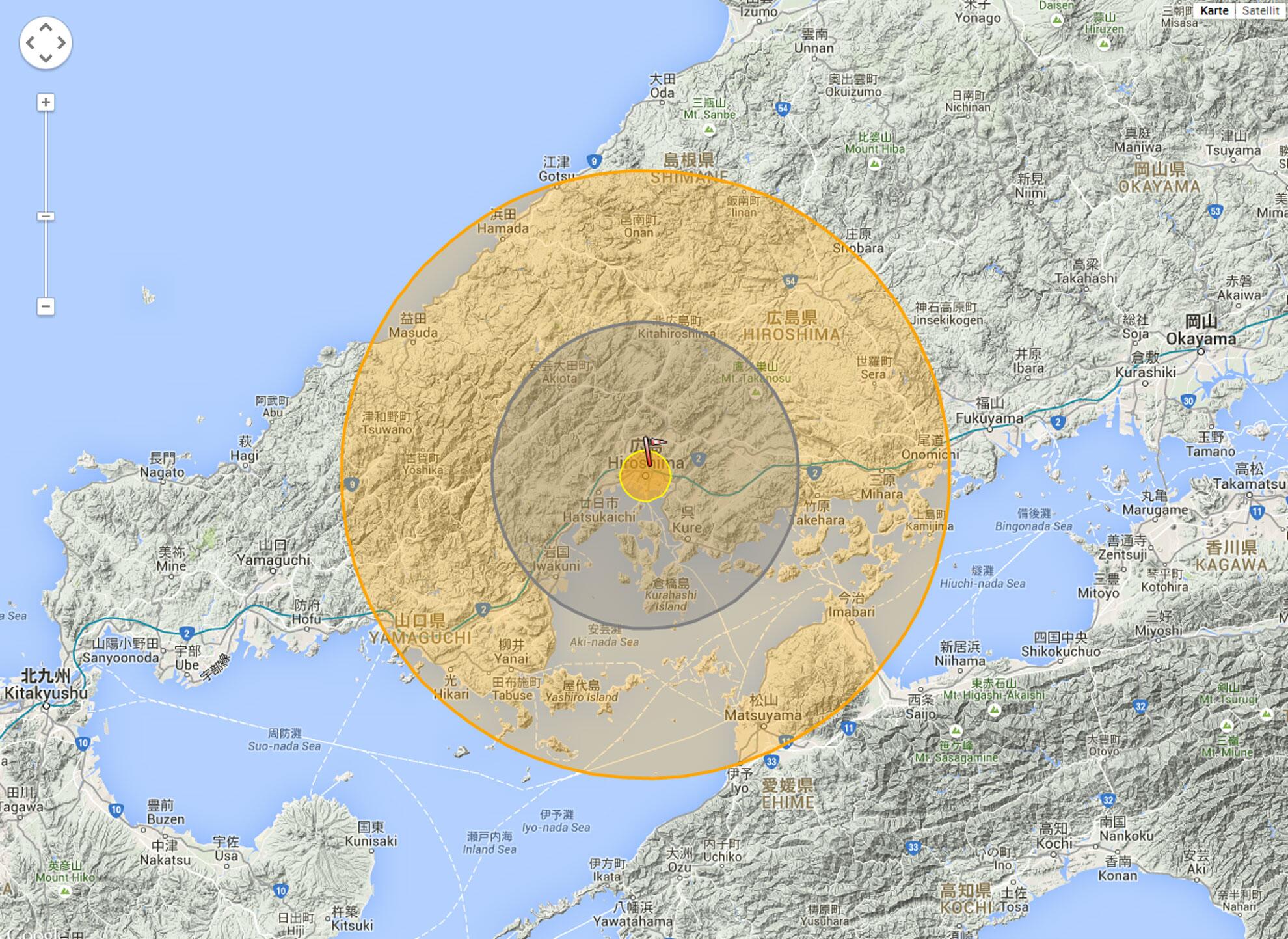 So verheerend ist "Little Boy" Karte "Nukemap" zeigt Auswirkungen der Atombombe. WEB.DE