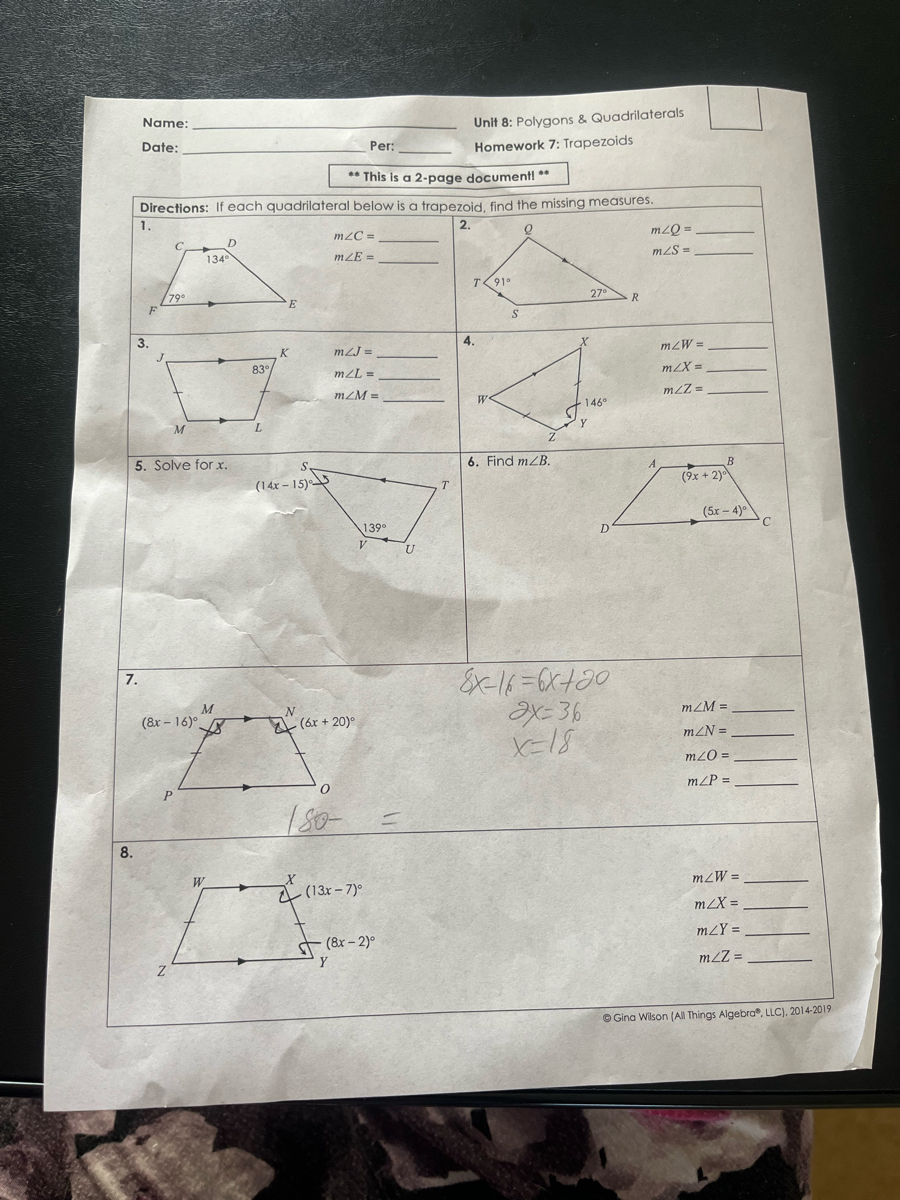 Gina Wilson All Things Algebra Answer Key 2014 Answered 9 T 10 72 15(02)