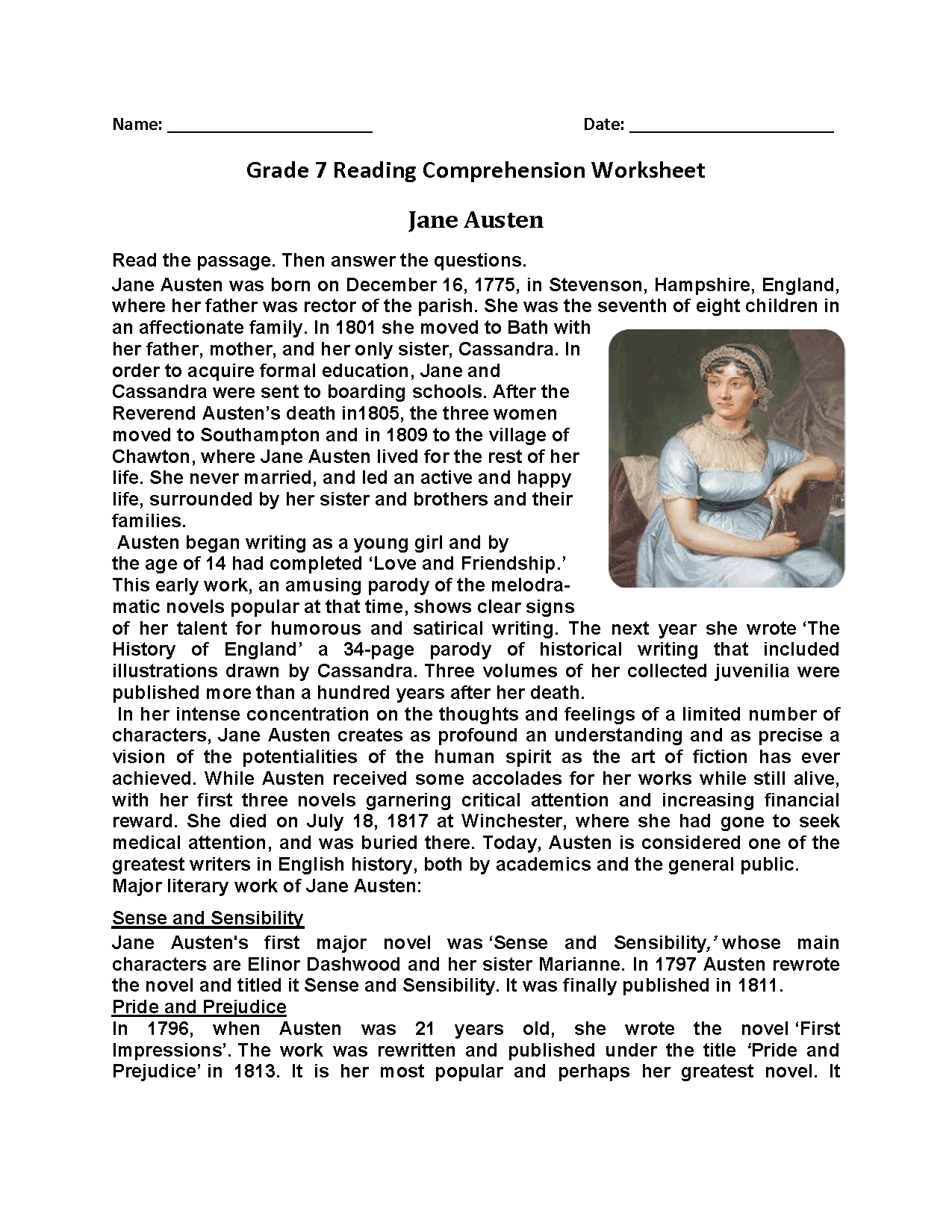 grade 7 comprehension Ereading Worksheets