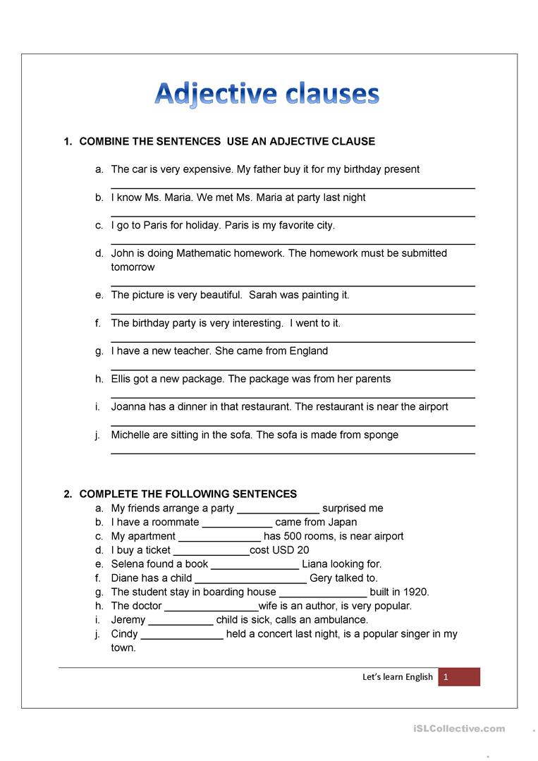 Adjectival phrase worksheet Weebly