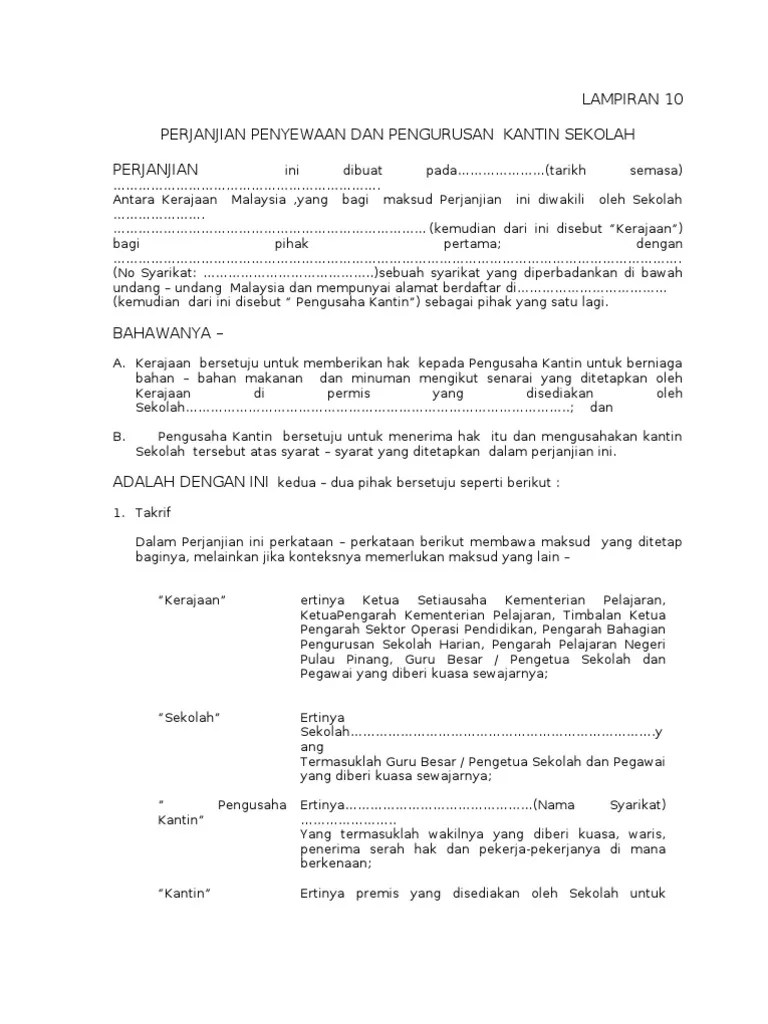 Contoh Surat Perjanjian Sewa Kantin Sekolah