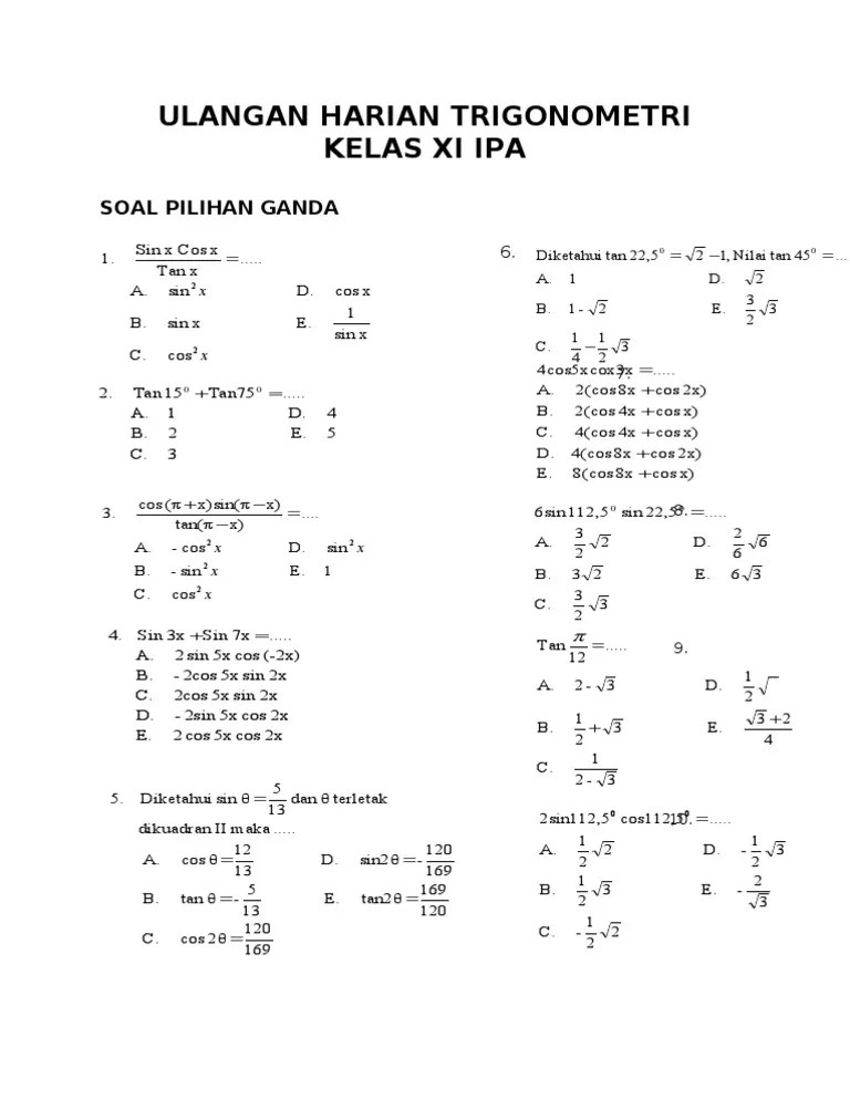 Soal Pilihan Ganda Persamaan Trigonometri Kelas 11 Matematika Peminatan –  Beinyu.com