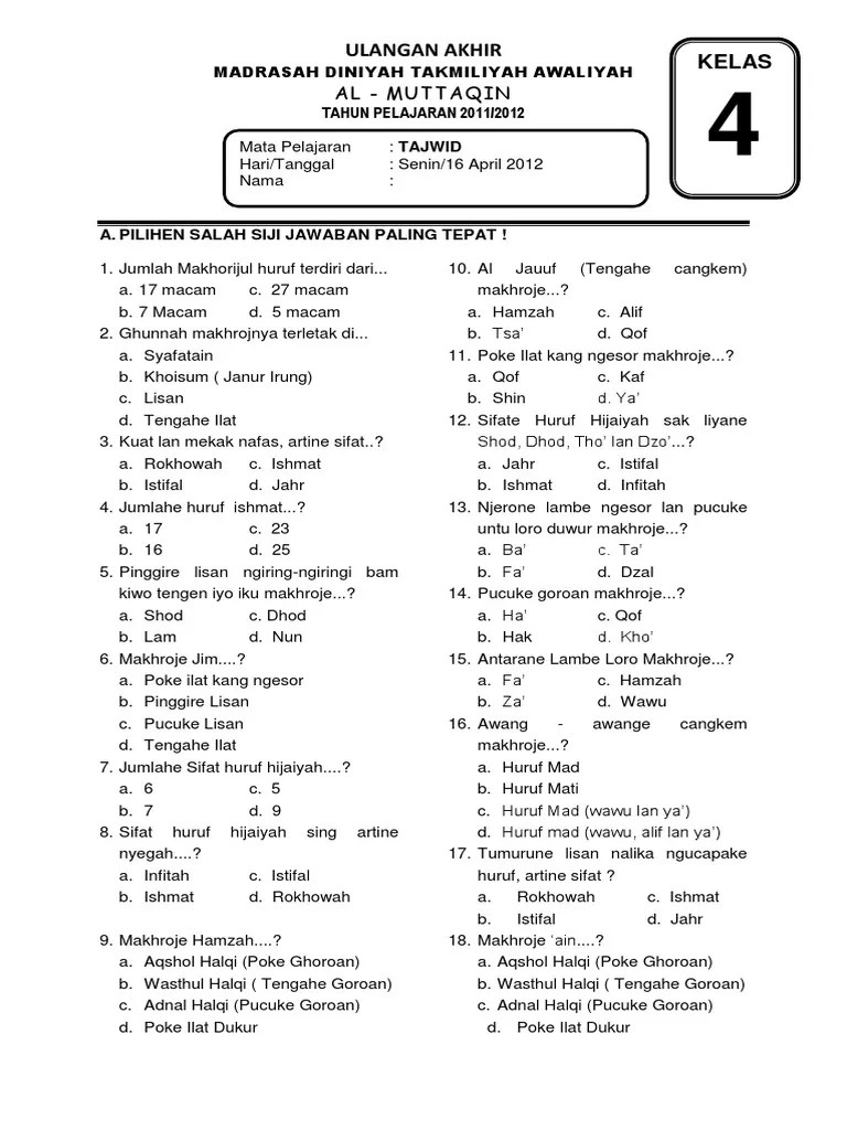 Soal Dan Kunci Jawaban Tajwid