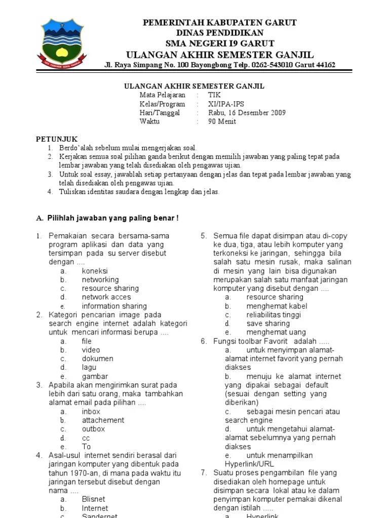 Soal Essay Tik Kelas 9 Semester 1 Dan Kunci Jawaban