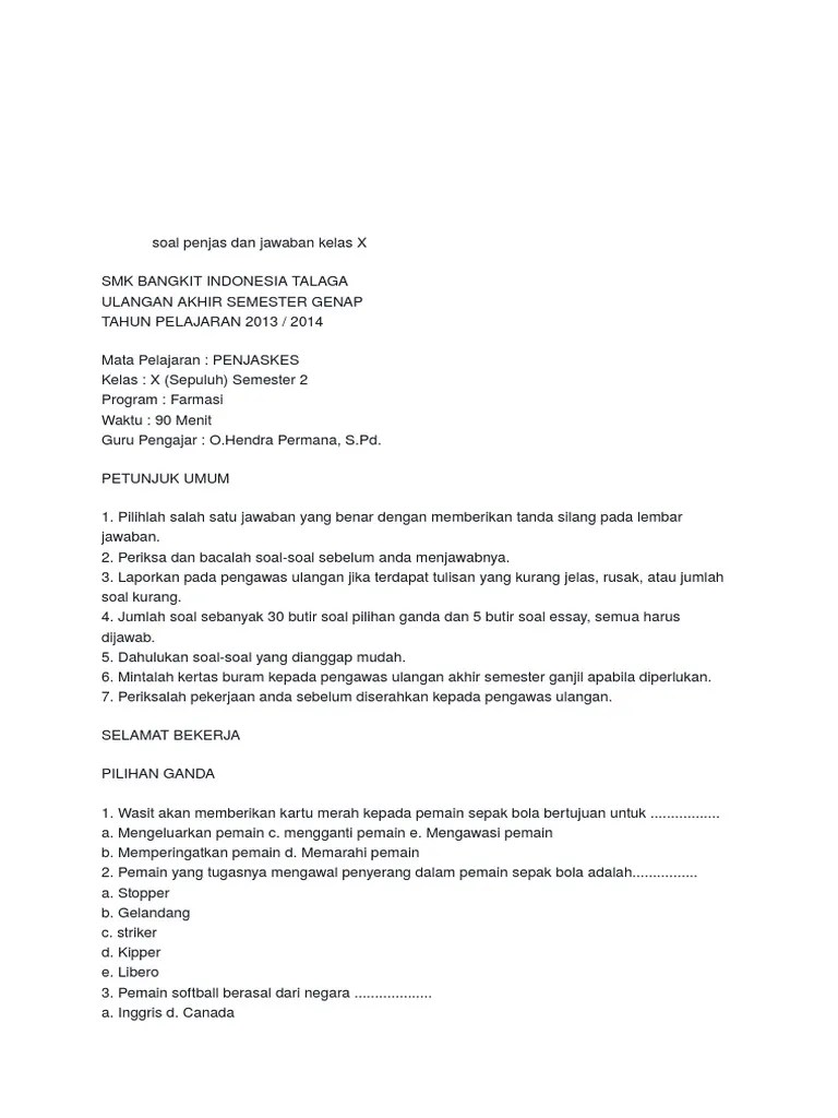 Contoh Soal Penjaskes Pilihan Ganda - Soal Kelasmu