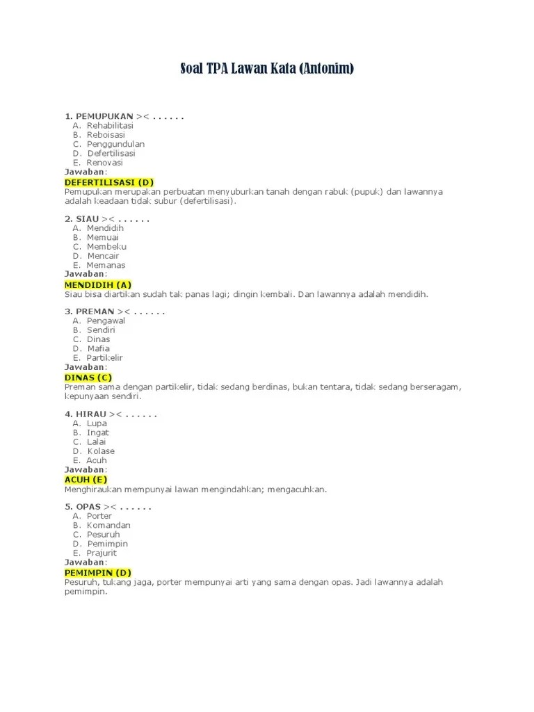 Soal Pilihan Ganda Tentang Antonym Beserta Jawabannya - Revisi Id