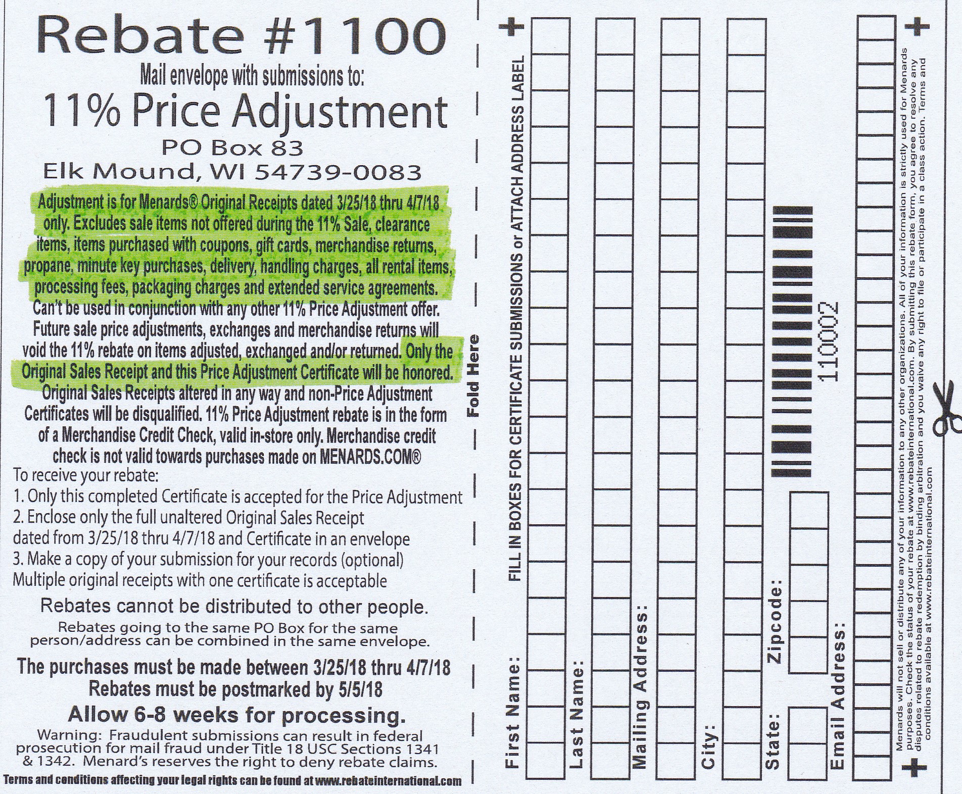 Menards 11 Price Adjustment Rebate 1100 Purchases 3/25/184/7/18