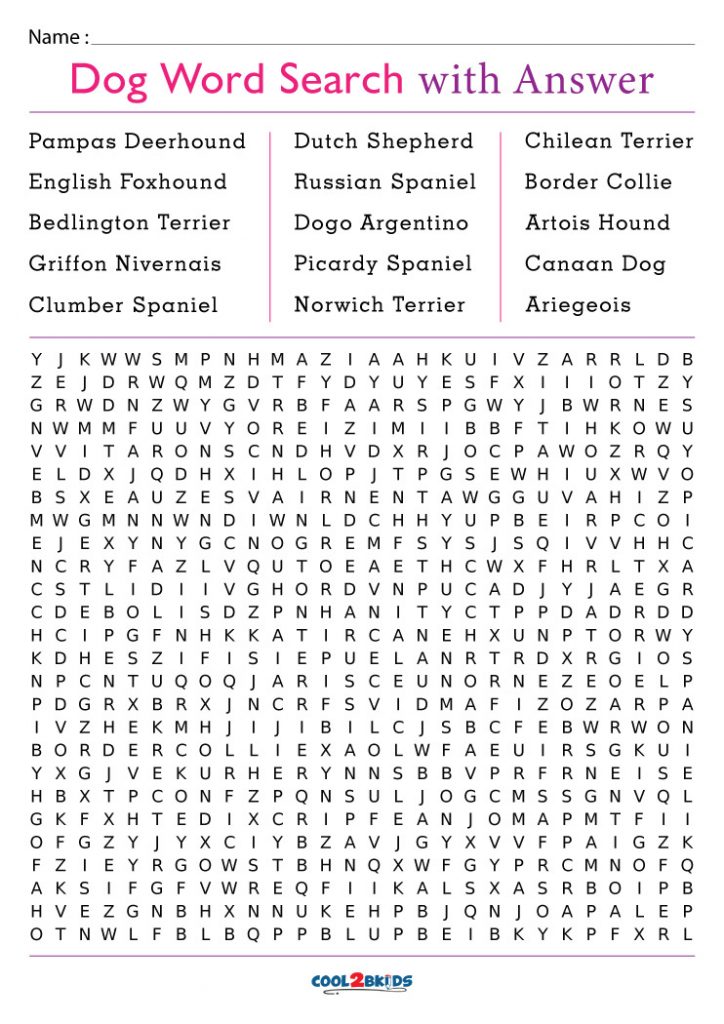 The large print puzzle has 21 hidden words for kids to find. printable dog breeds word search cool2bkids