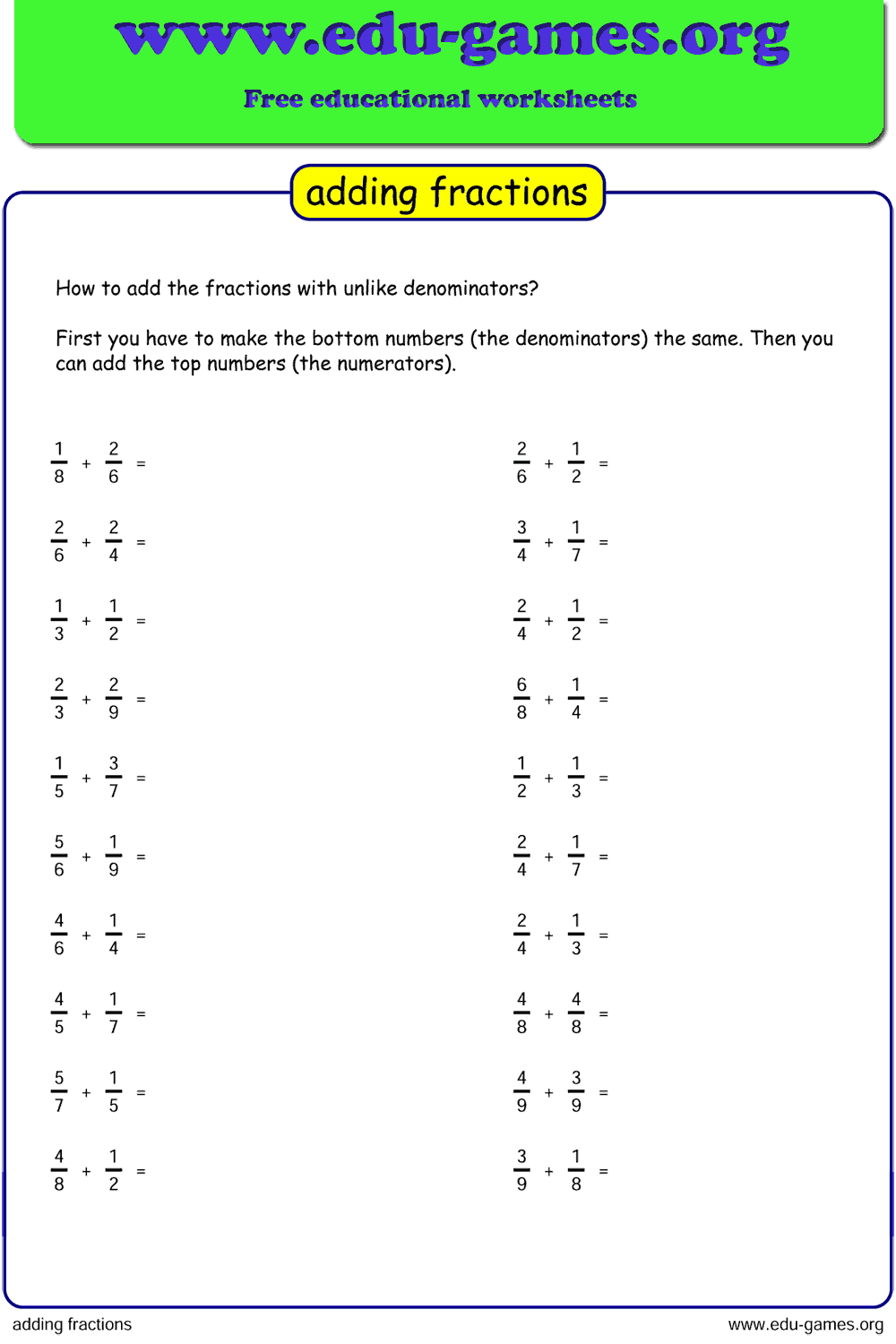 Search Printable 4th Grade Adding Fraction Worksheets Education