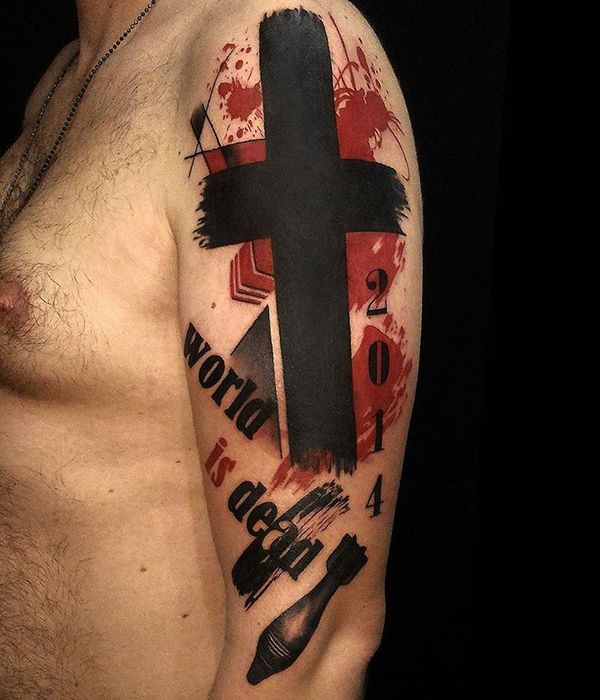 Trash Polka Cross Tattoo Design On Upper Sleeve – Entertainmentmesh 700_x_600_jpg
