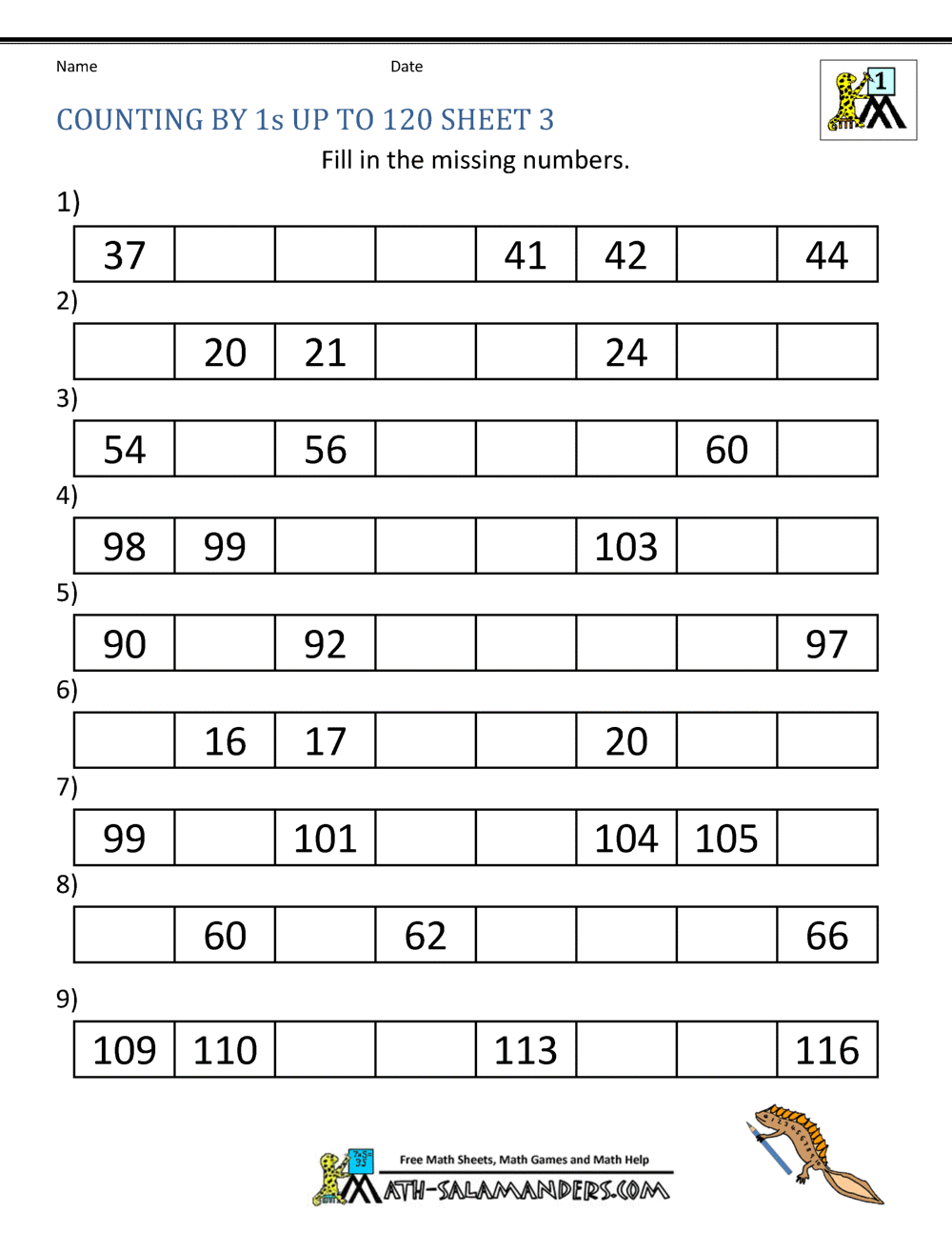  counting by ones to 120 120 chart exercises bby publications