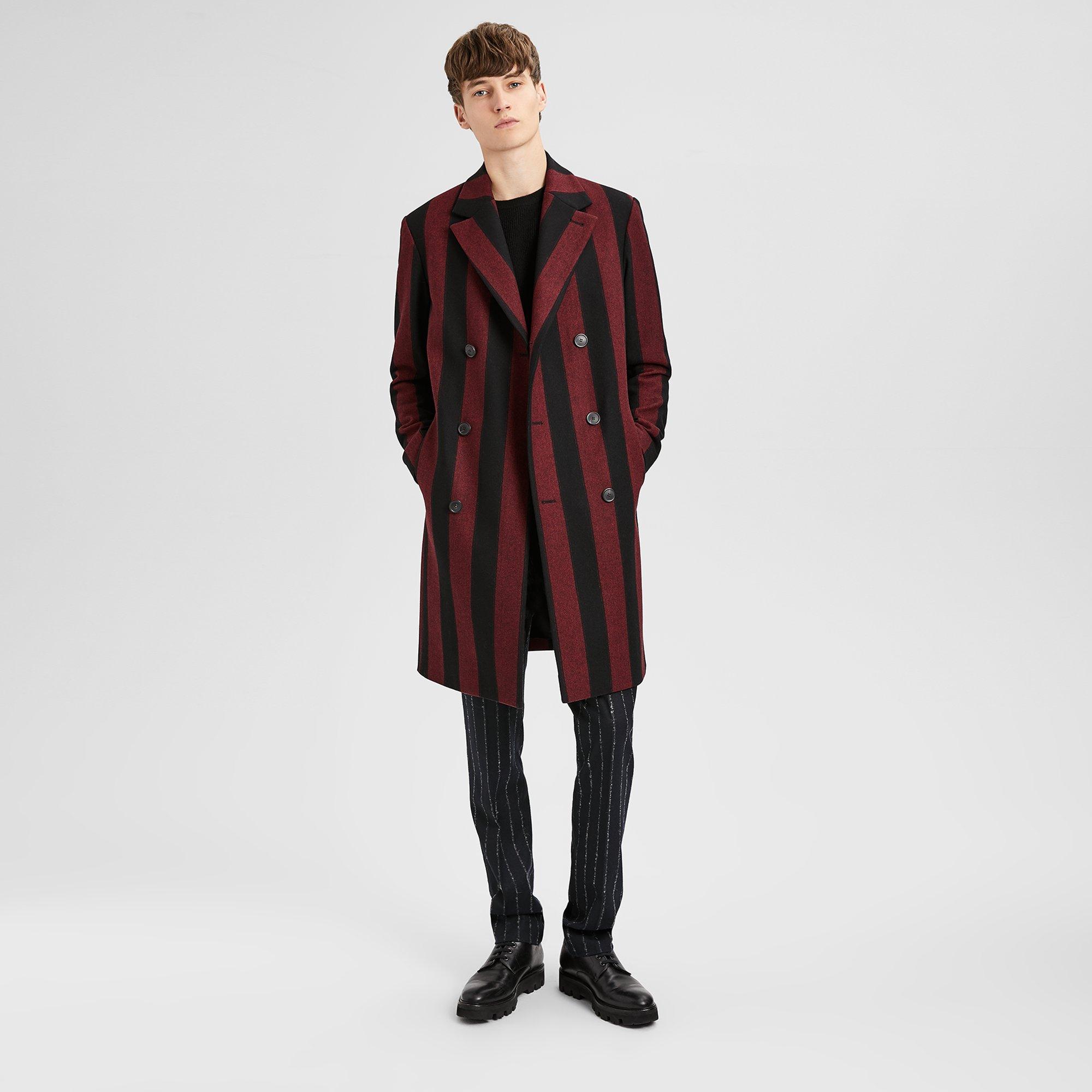 Wool Striped DoubleBreasted Long Top Coat Theory