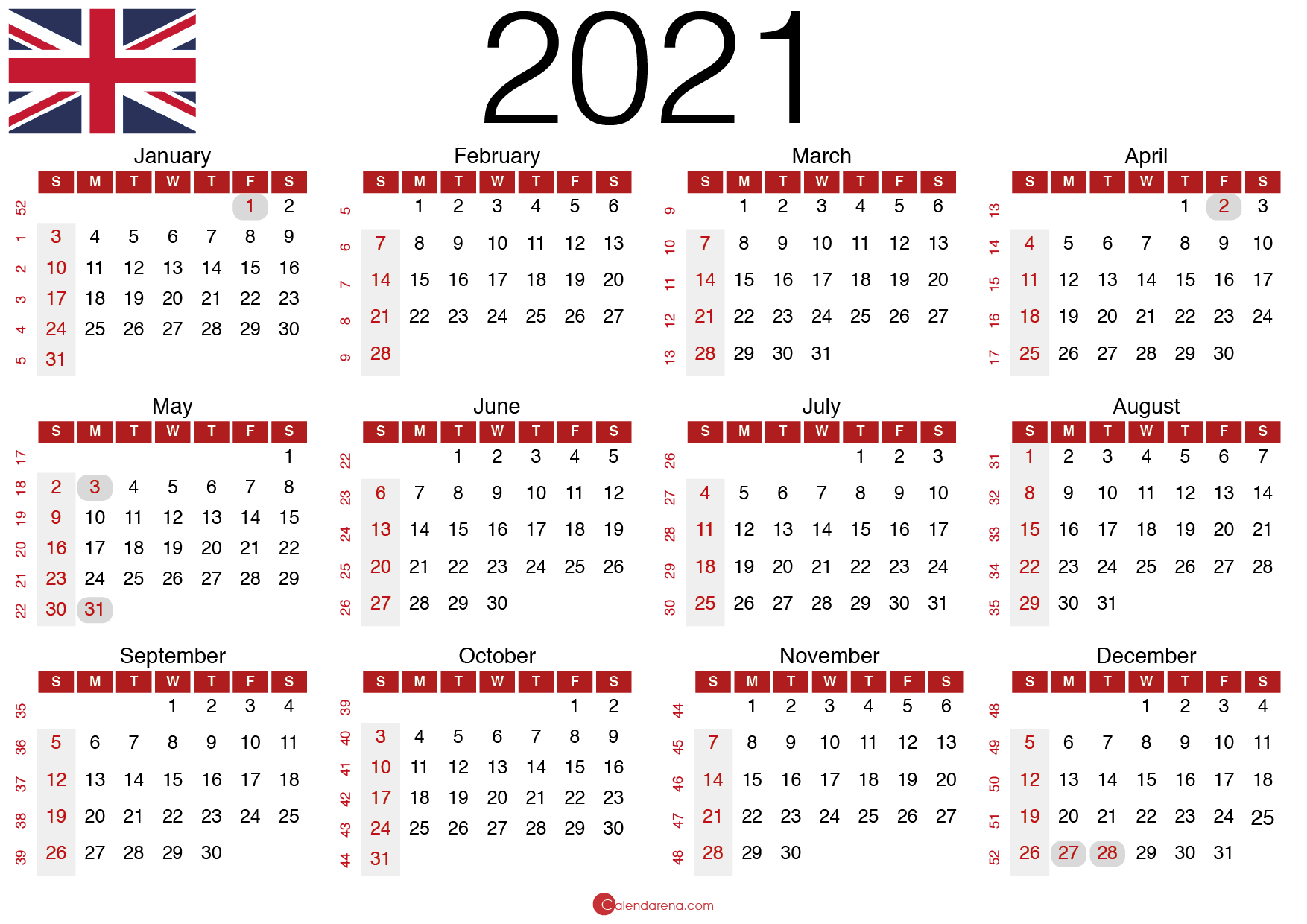 Printable 2021 UK Calendar Templates with Holidays