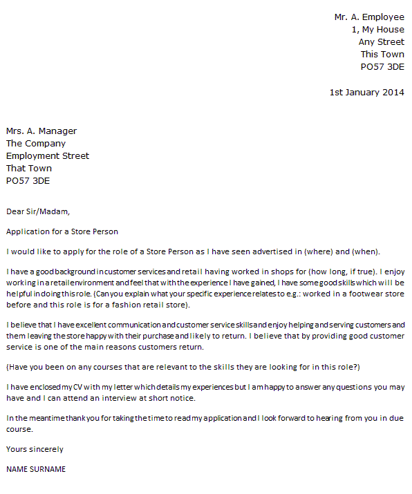 Consider what you can bring to the retail job opportunity. Store Person Cover Letter Example - icover.org.uk