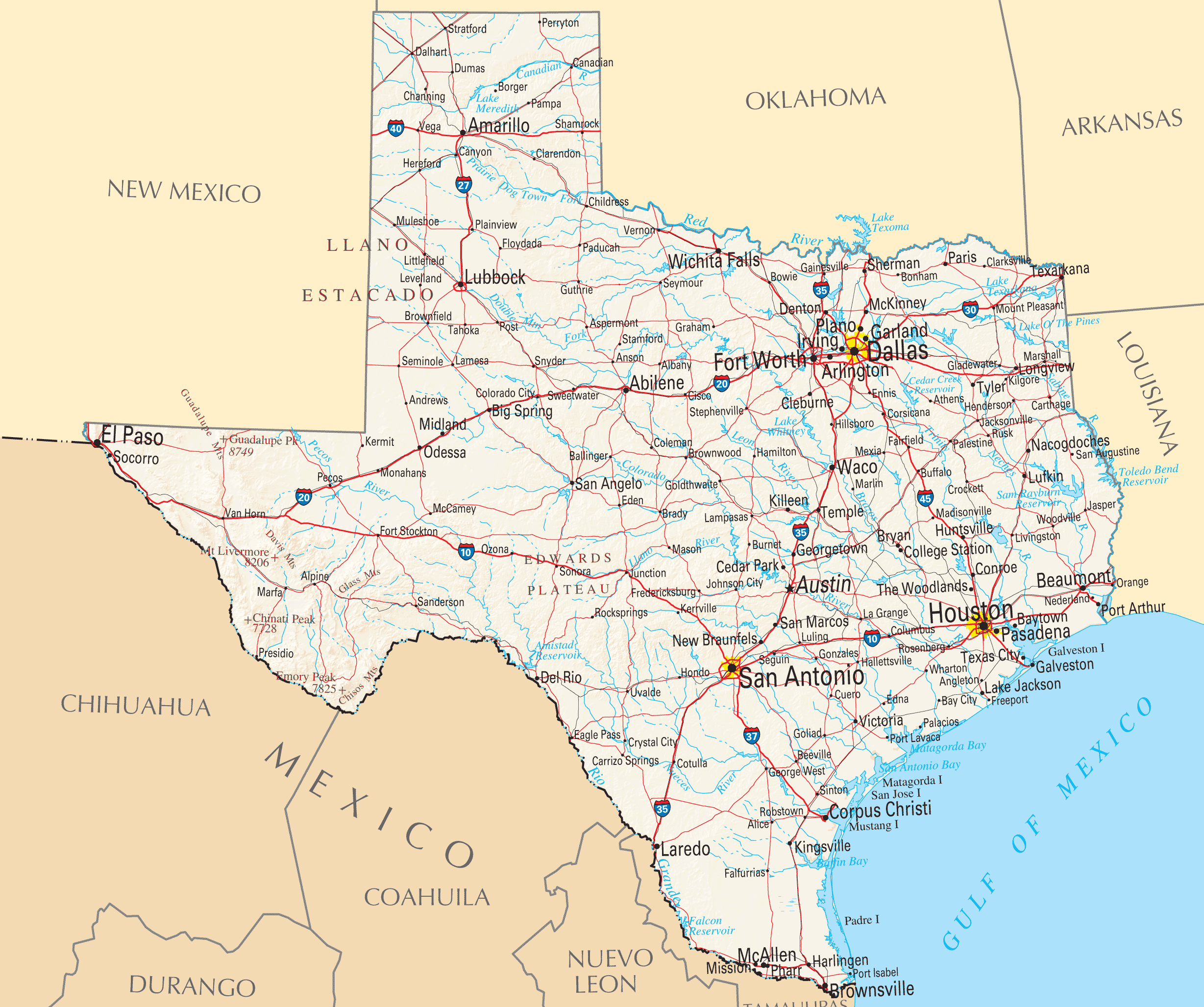Labeled Map of Texas with Capital & Cities World Map Blank
