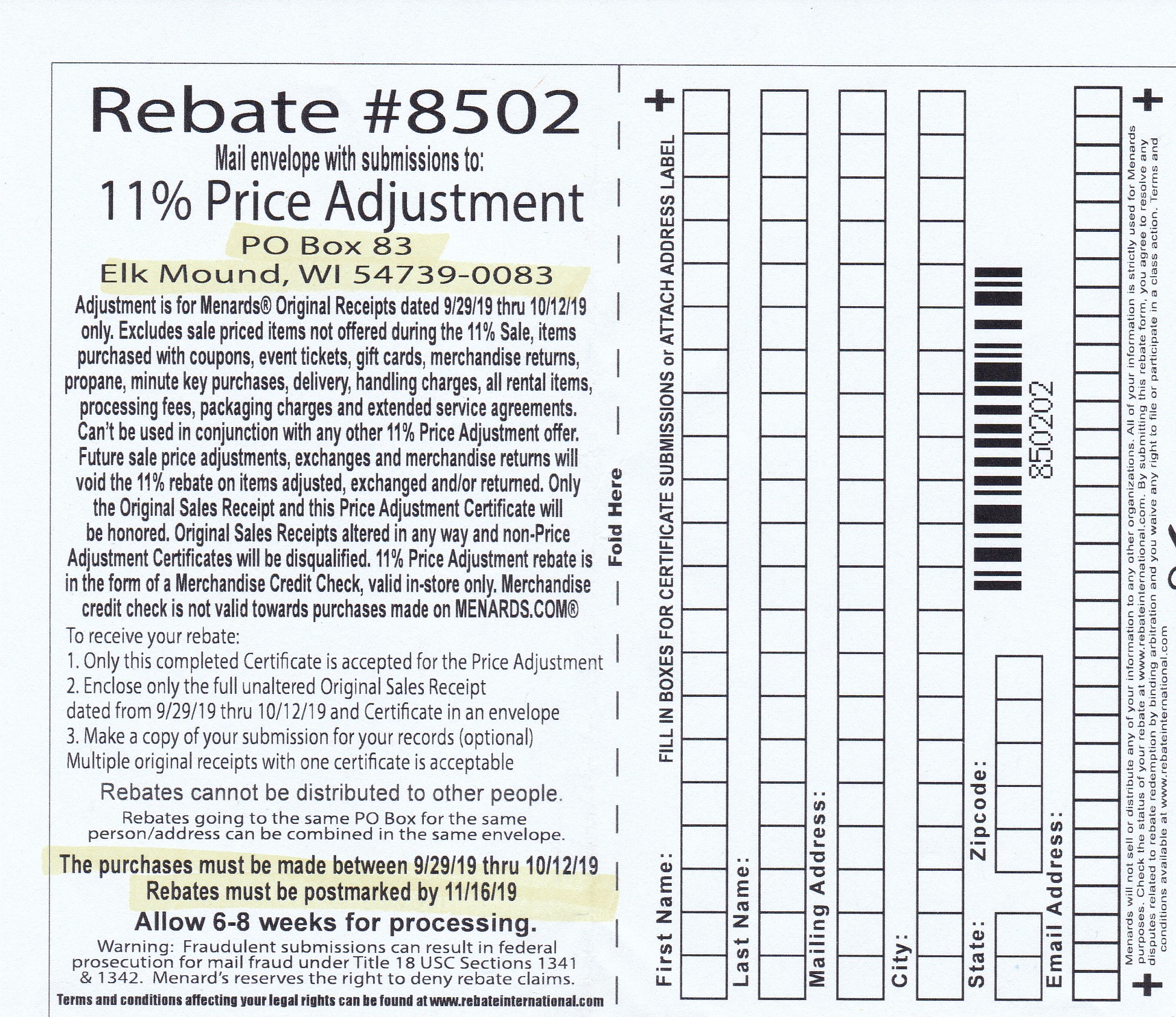 Menards 11 Price Adjustment Rebate 8502 Purchases 9/29/1910/12/19