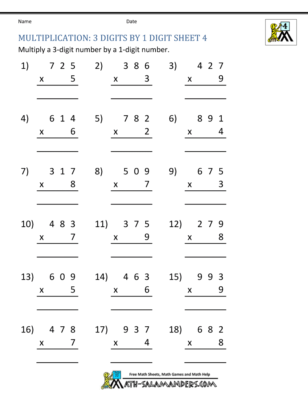 Students solve 10 3 x 3 digit multiplication problems with regrouping. multiplication sheet 4th grade