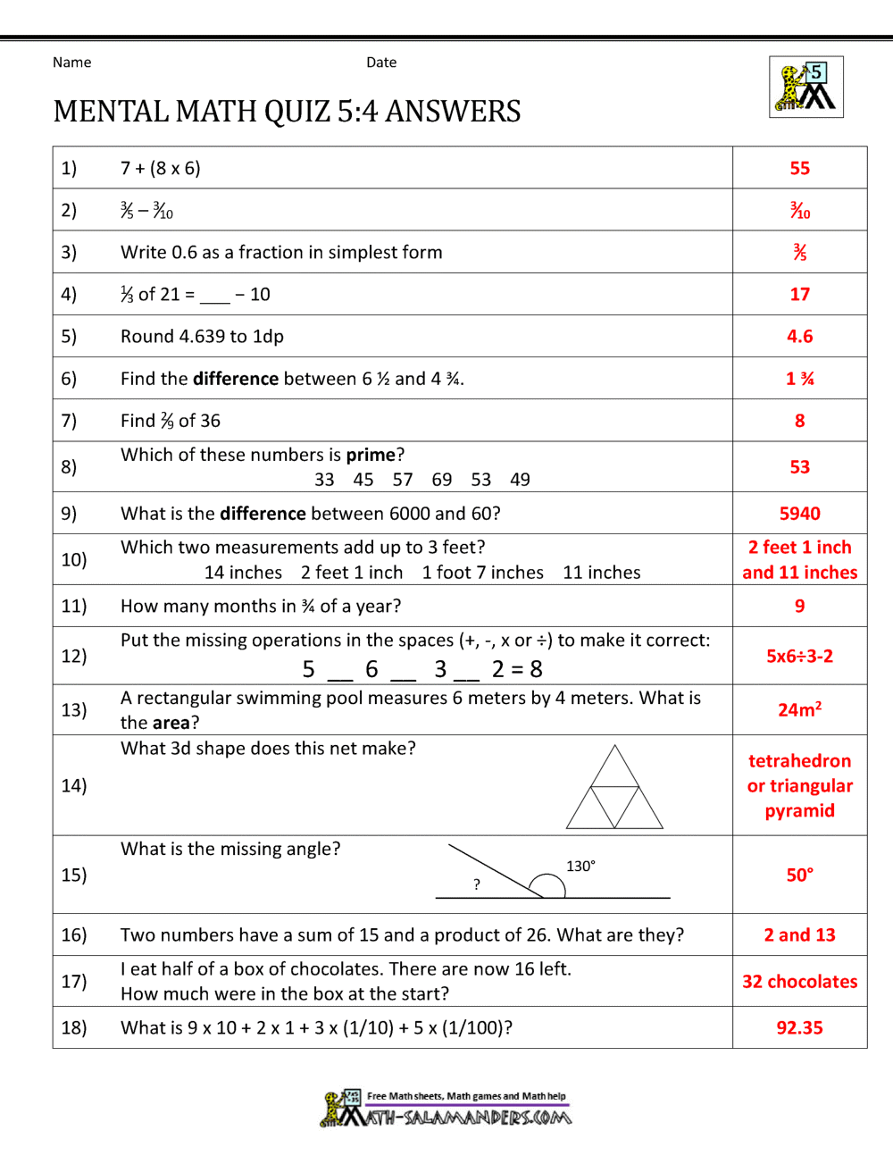 5th Grade Answer Key Worksheets K12 Workbook