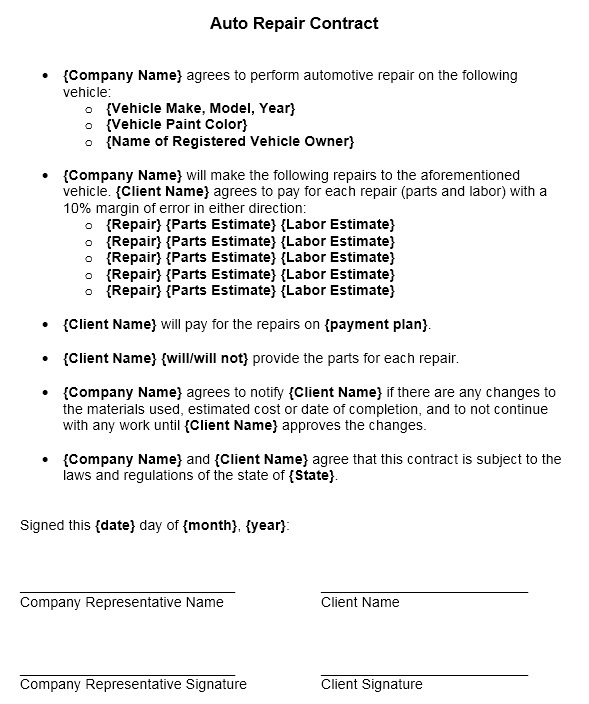 Ascend Auto Repair Contract Template Initial signNow