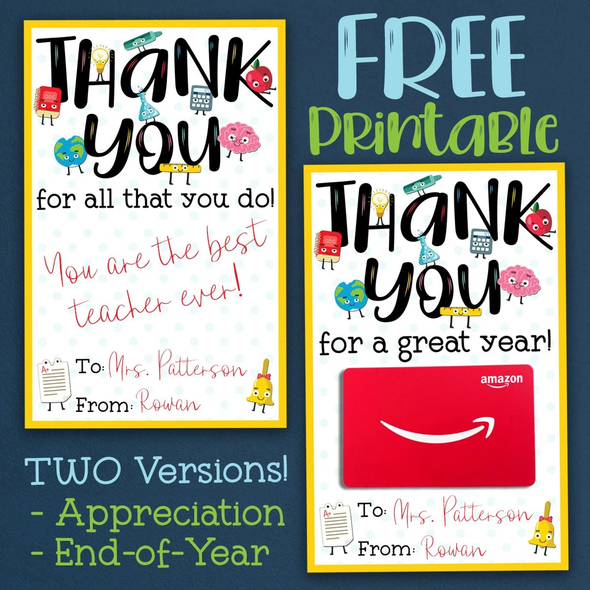 Free Teacher Appreciation Thank You Printable Two Versions