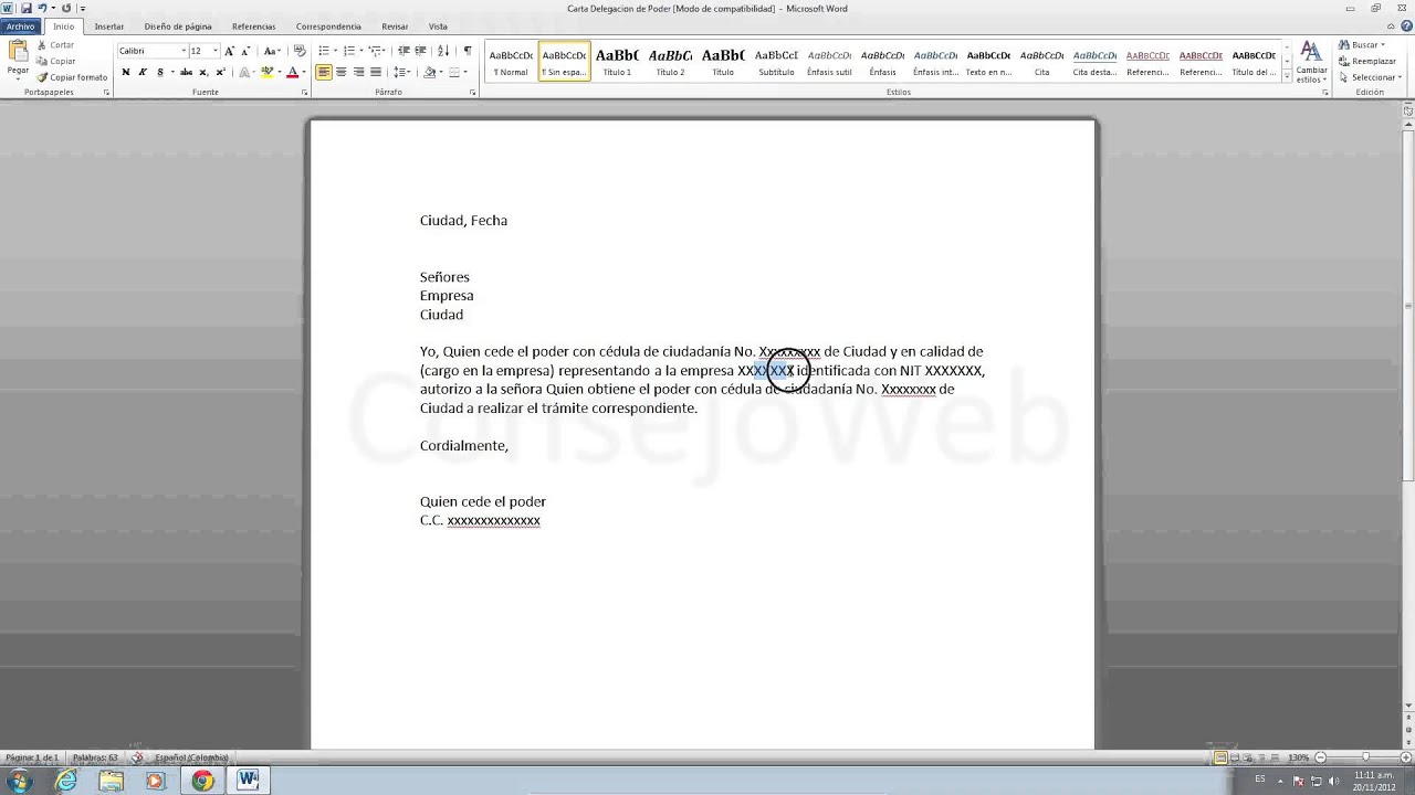 Como hacer una carta de delegacion de poder en word 2010