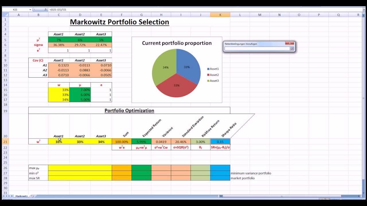 Markowitz Portfolio Selection with Excel Solver YouTube