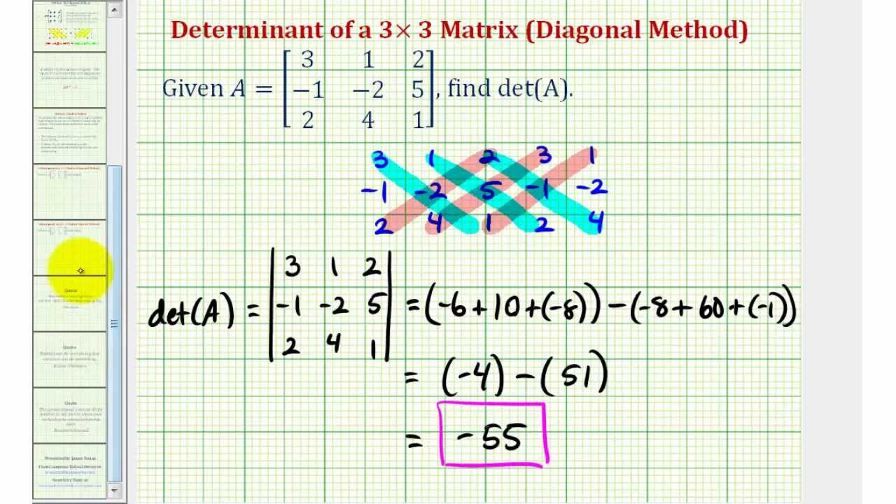 Ex 1 Determinant of 3x3 Matrix Diagonal Method YouTube