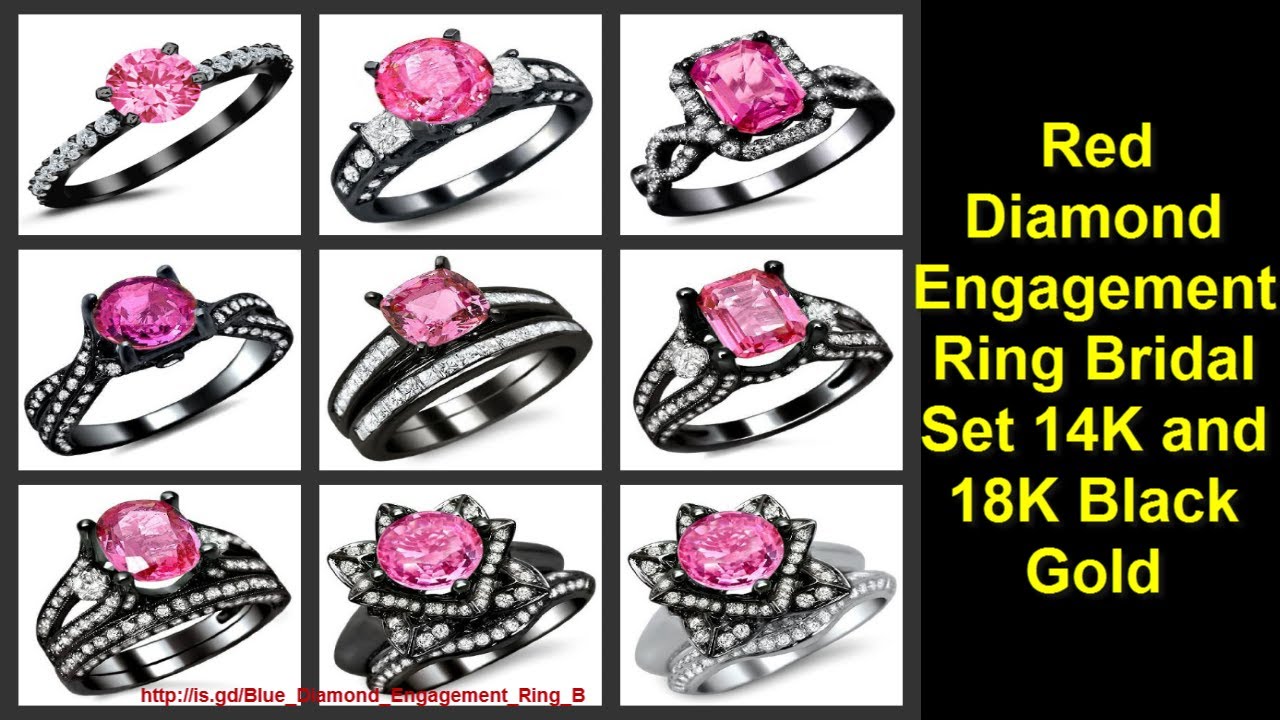 Red Diamond Engagement Ring Bridal Set 14K and 18K Black Gold Wedding