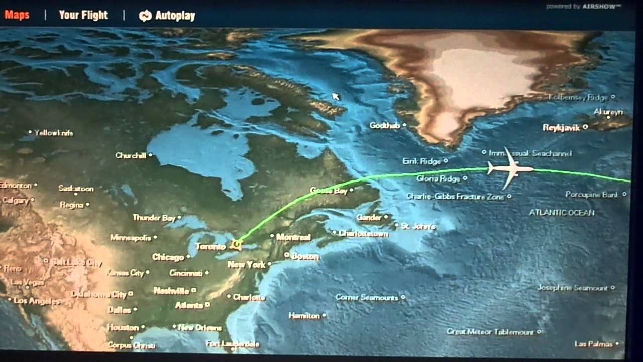 TorontotoLondon (LHR) flight takeoff, inflight route map, landing
