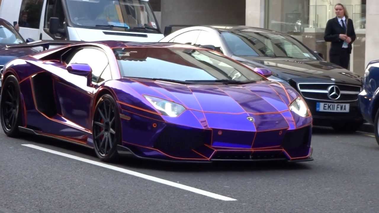 Supercars in London 2 PURPLE TRON Aventador, Veyron