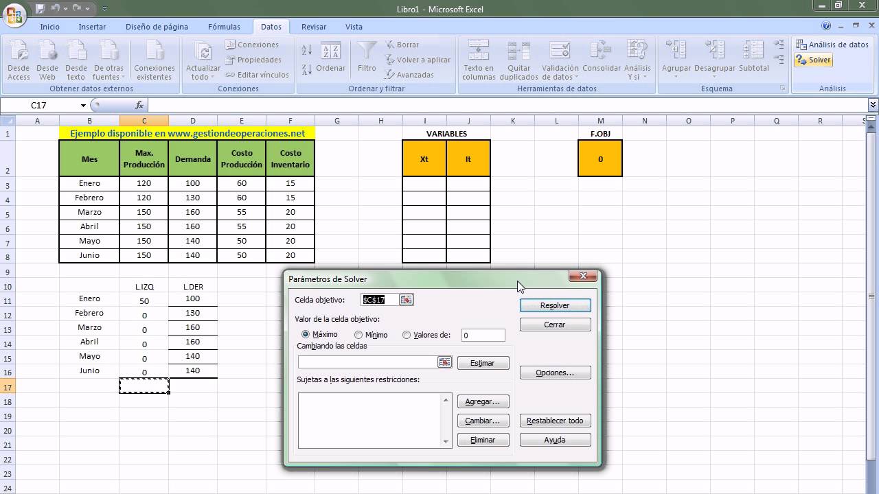 Problema de Producción e Inventario resuelto con Solver de