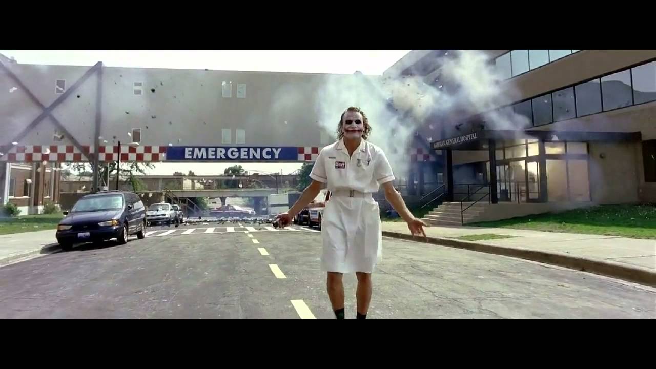 The Dark Knight Joker blows up the hospital. YouTube