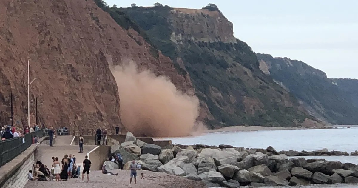 Sidmouth's cliffs crumble again as spectacular seaside landslide caught