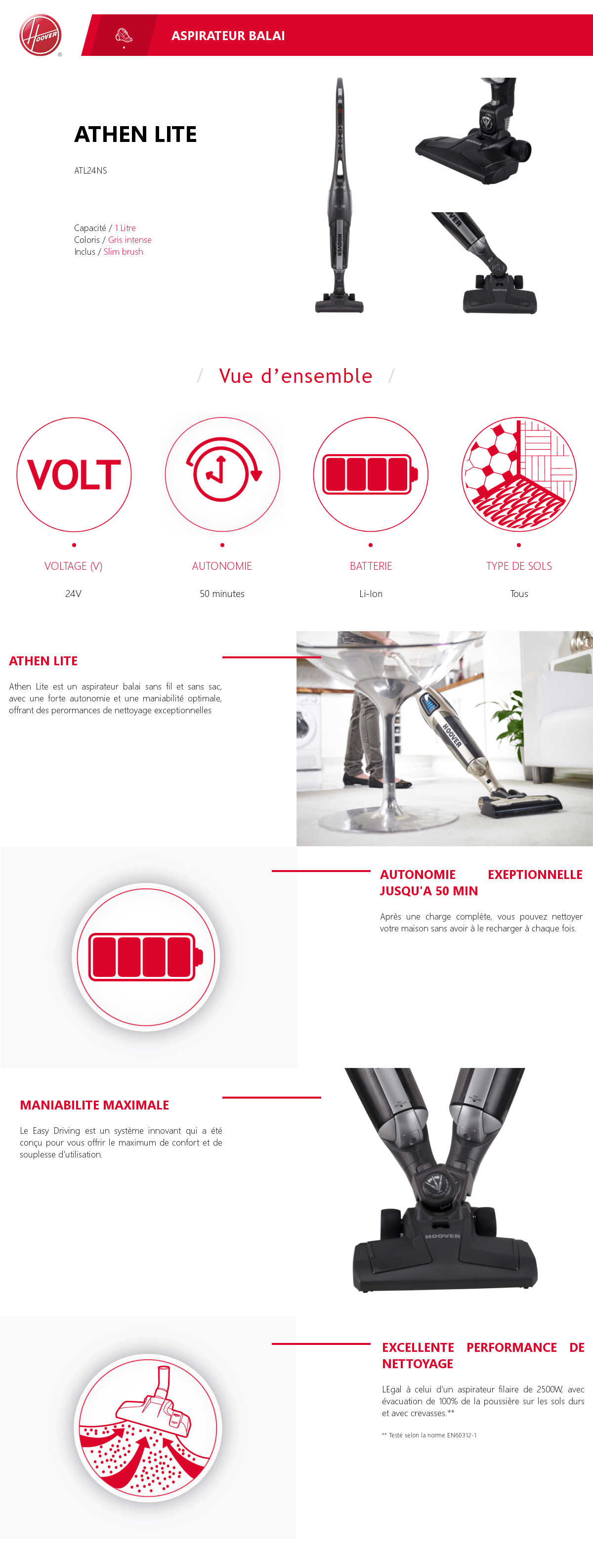 Hoover Atl24ns Aspirateur Balai Sans Fil 24v 50min Autonomie Achat