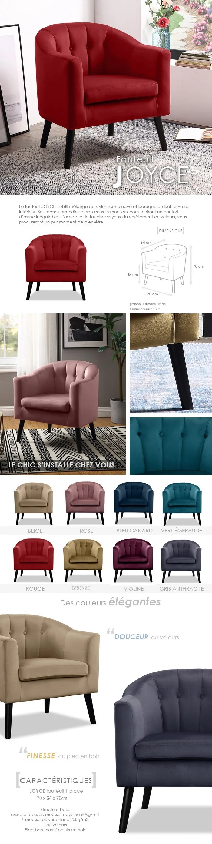 Joyce Fauteuil Velours Rouge Classique L 70 X P 64 Cm Achat Vente Fauteuil Bois Panneaux De Particules Cdiscount